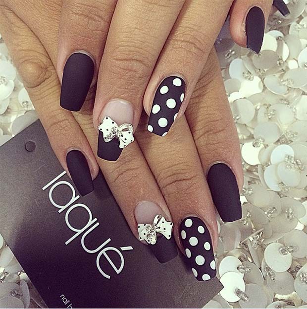Polka dots coffin nails with white bows
