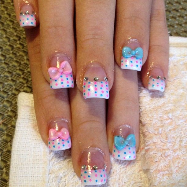 Cute polka dots nails with bows and diamond