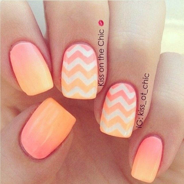 Pink Ombre nails with white chevron