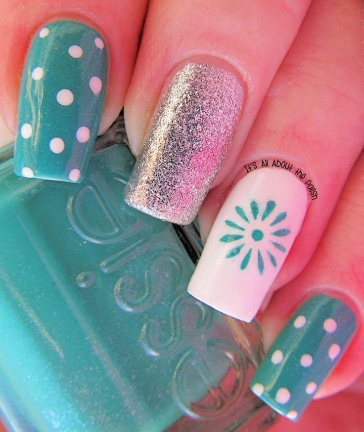 Polka dots and sun with silver glitter nails
