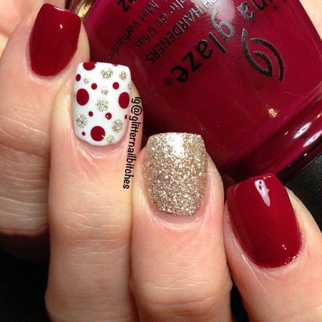 Red glitter polka dots nail art for Valentine's Day