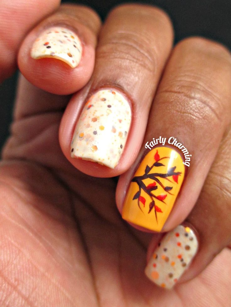 Tree leaves and polka dots nails in Autumn theme
