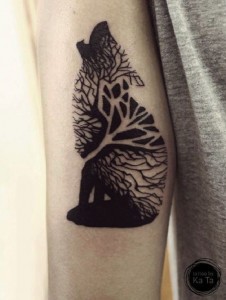 Tree wolf sleeve tattoo