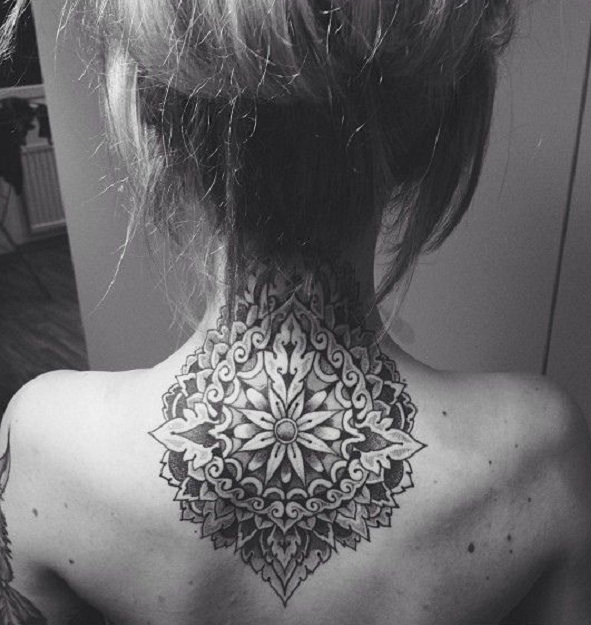 Mandala back neck tattoo for women