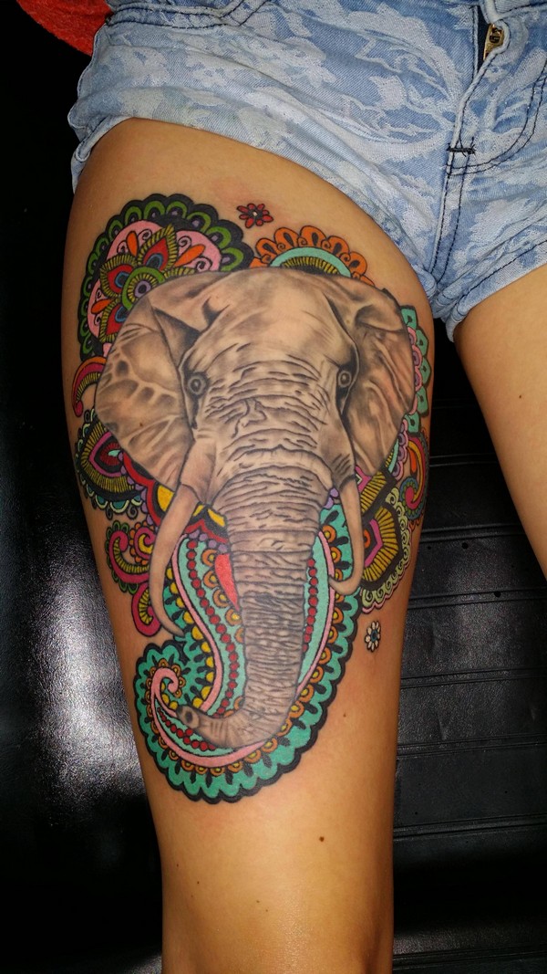 colorful decorated elephant thigh tattoo
